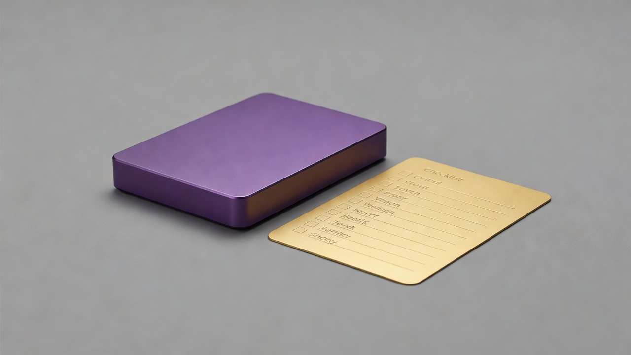 Soft-lit purple external archive drive beside a gold recovery checklist card on a plain background