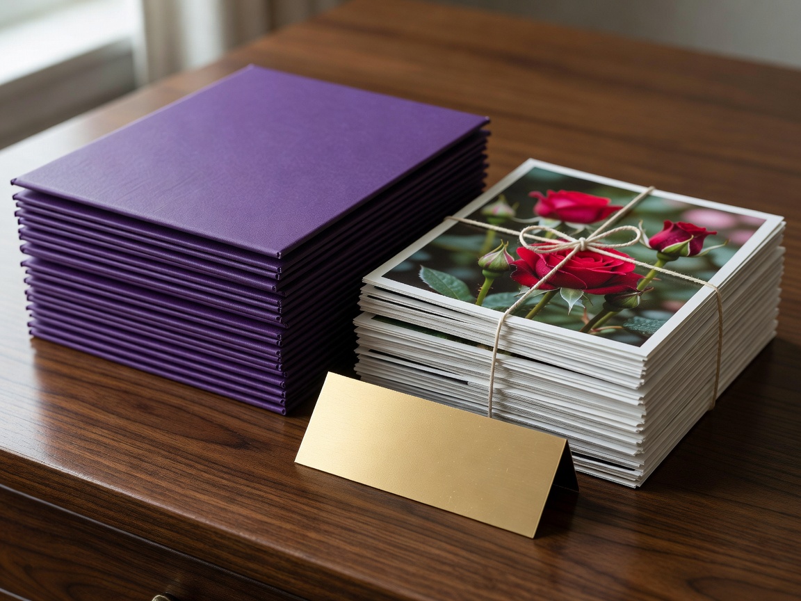 Square purple folders and a rose photo stack arranged beside a gold archive label